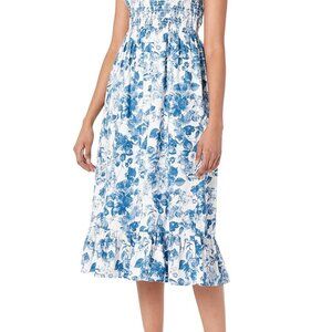 The Drop Kimi smocked ruffle midi dress blue floral size med